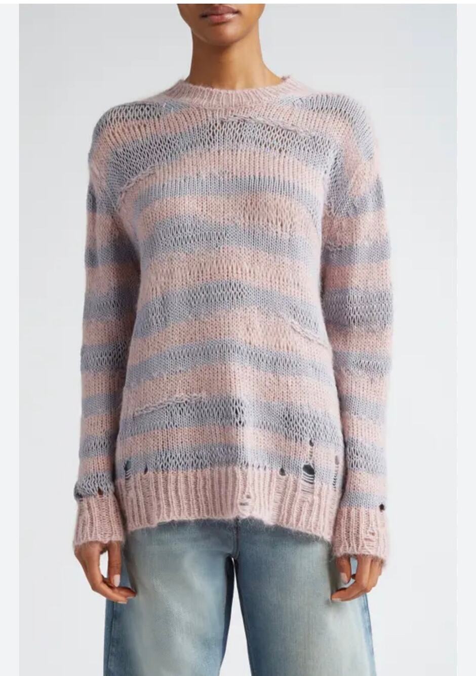 Acne Studios Distressed Striped Mohair Blend Sweater - Pink & Gray, Size L